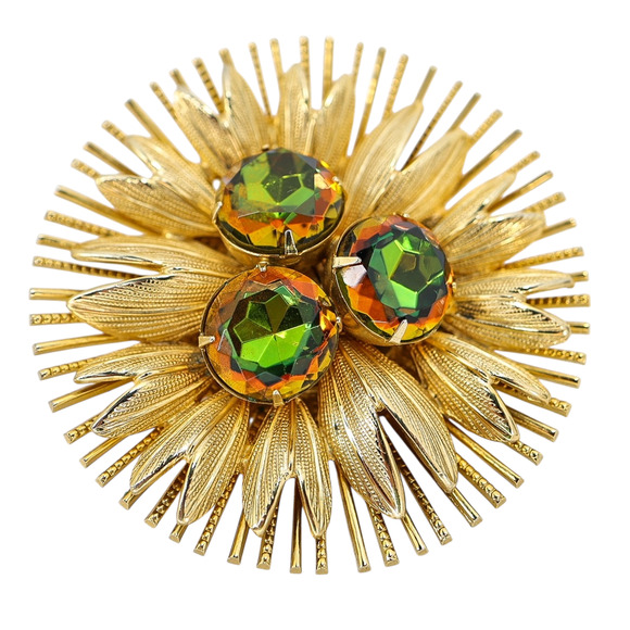 Large Vintage Watermelon Glass Rhinestone Brooch - Starburst Design - Picture 6 of 11